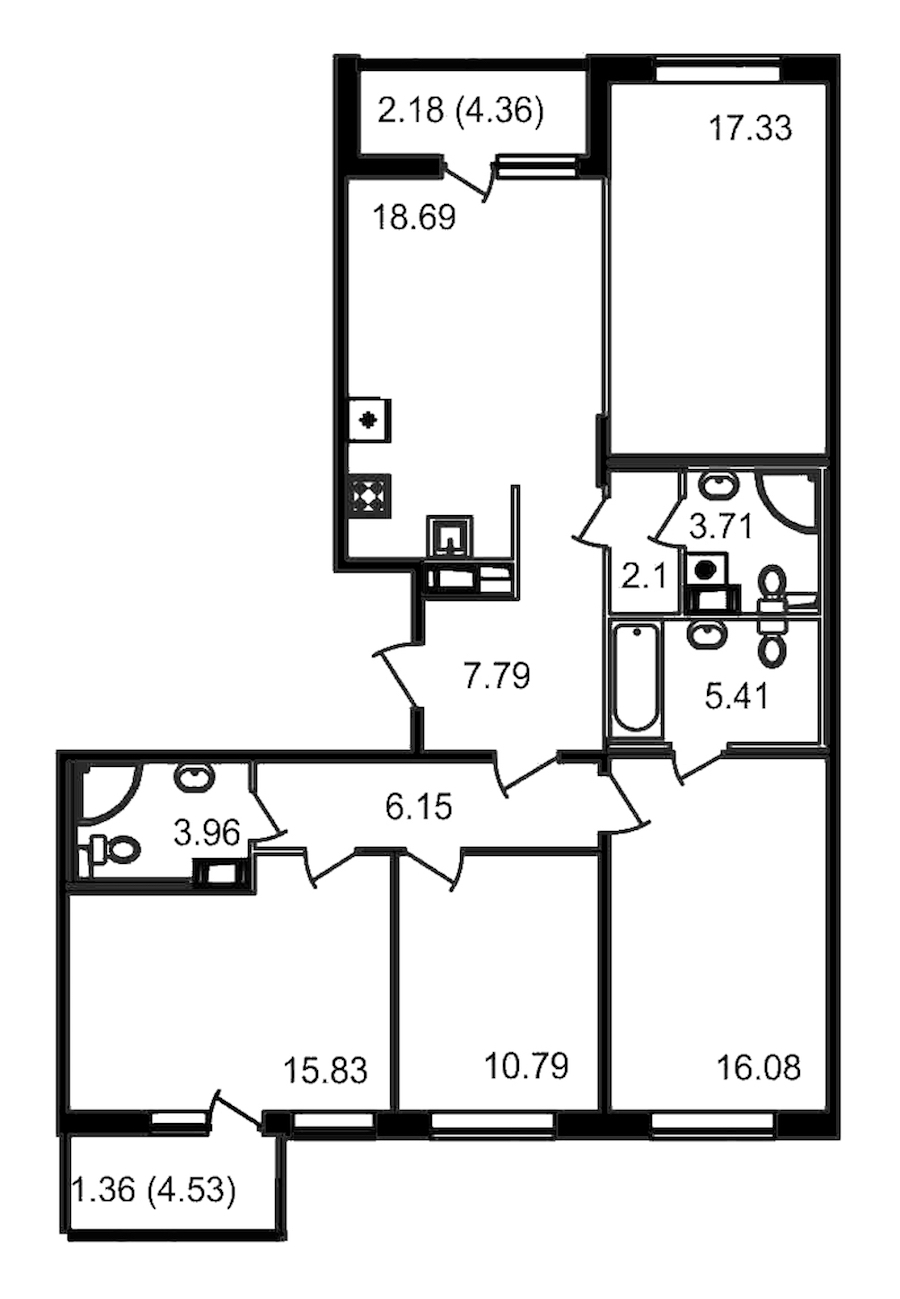4-комнатная квартира 107.84 м², 12/13 эт., ЖК «Чёрная речка»